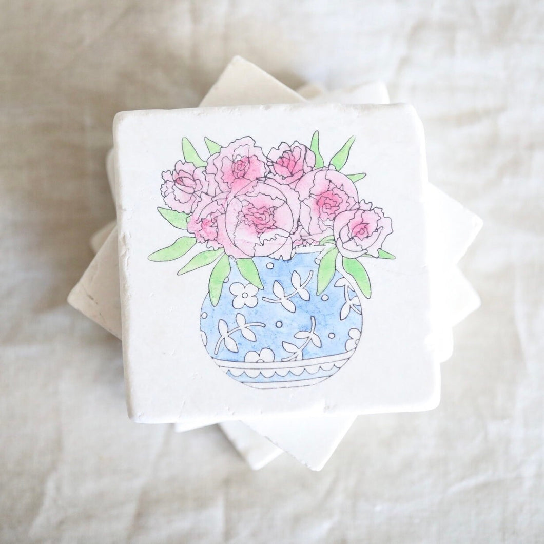 Peonies in Vase Marble Coasters/ Blue and White vase/ Peony flower coasters/ grand millennial decor