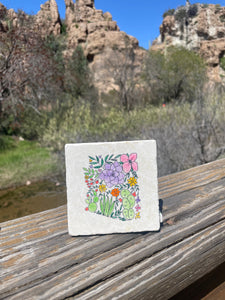 Floral Arizona State Marble Coaster/ Painted floral Arizona/ Arizona home decor/ Arizona state decor