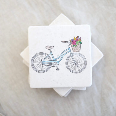 Bicycle with flowers Marble Coasters/ bicycle with flowers in basket decor/ floral marble coasters/ marble coaster set