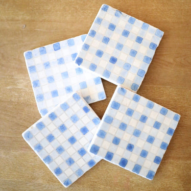 Painted Blue Buffalo Check Marble Coasters/ Buffalo Plaid coasters/ baby shower gift. stone marble drink coasters