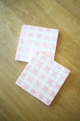 Pink Painted Buffalo Check Marble Coasters/ Buffalo Plaid coasters/ baby shower gift. stone marble drink coasters