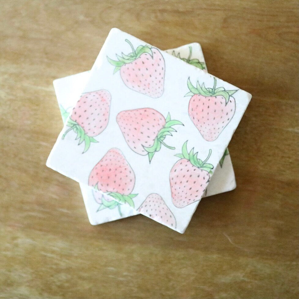 Strawberry Marble Coaster Set/ Strawberry Home Decor/ summer coasters/ custom coasters/ hand painted coasters