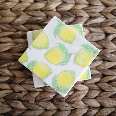 Lemon Coasters/ watercolor lemon coasters/ Lemon home decor/ Lemon gifts/ marble coaster set/ drink coasters/ stone