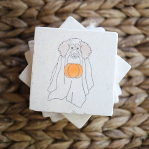 Doodle Ghost Marble Coasters/ Cute Dog ghost decor/ golden doodle gift/ ghost halloween decor