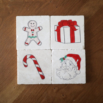 Christmas Marble Coasters/ Hand painted christmas gift marble coaster set, Santa coasters, gingerbread man, presents, candy cane coasters