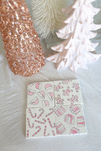 Pink Christmas Coasters/ Pink Christmas decor/ Pinkmas decor/ Pink Santa Hat/ Pink Candy Cane/ Pink Gingerbread Man/ Pink present