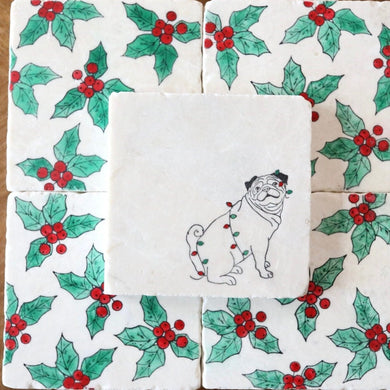 Christmas Pug Dog Coasters/ Pug Dog Marble Coasters/ Christmas Pug mom gift/ pug dog home decor