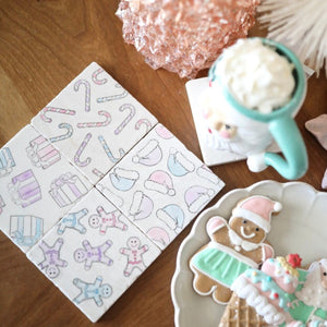 Pastel Christmas Coasters/ Pastel Christmas decor/ Pastel decor/ Pink Santa Hat/ Pink Candy Cane/ Pink Gingerbread Man/ Pink present