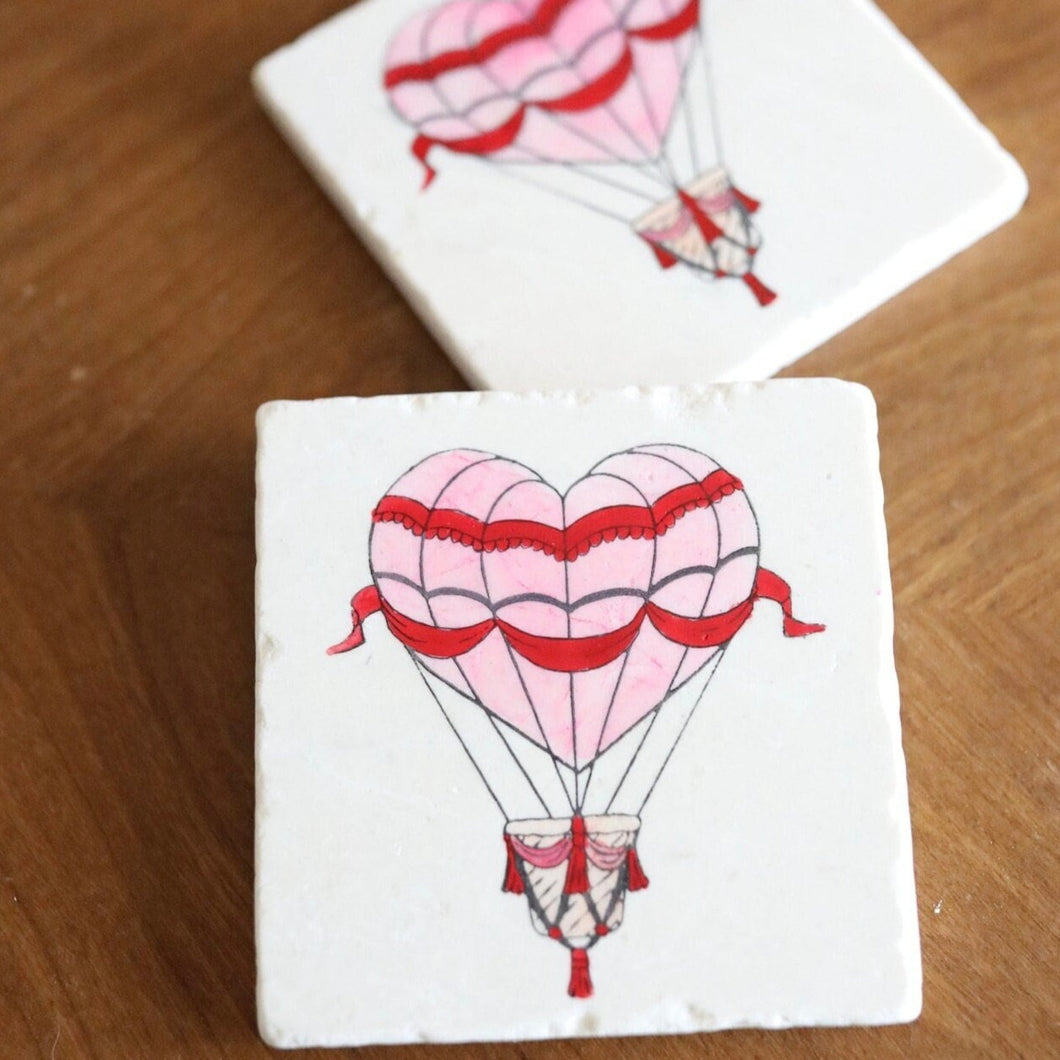 Valentine's Day Heart Hot Air Balloon/ Pink hot air balloon/ hand painted marble drink coasters
